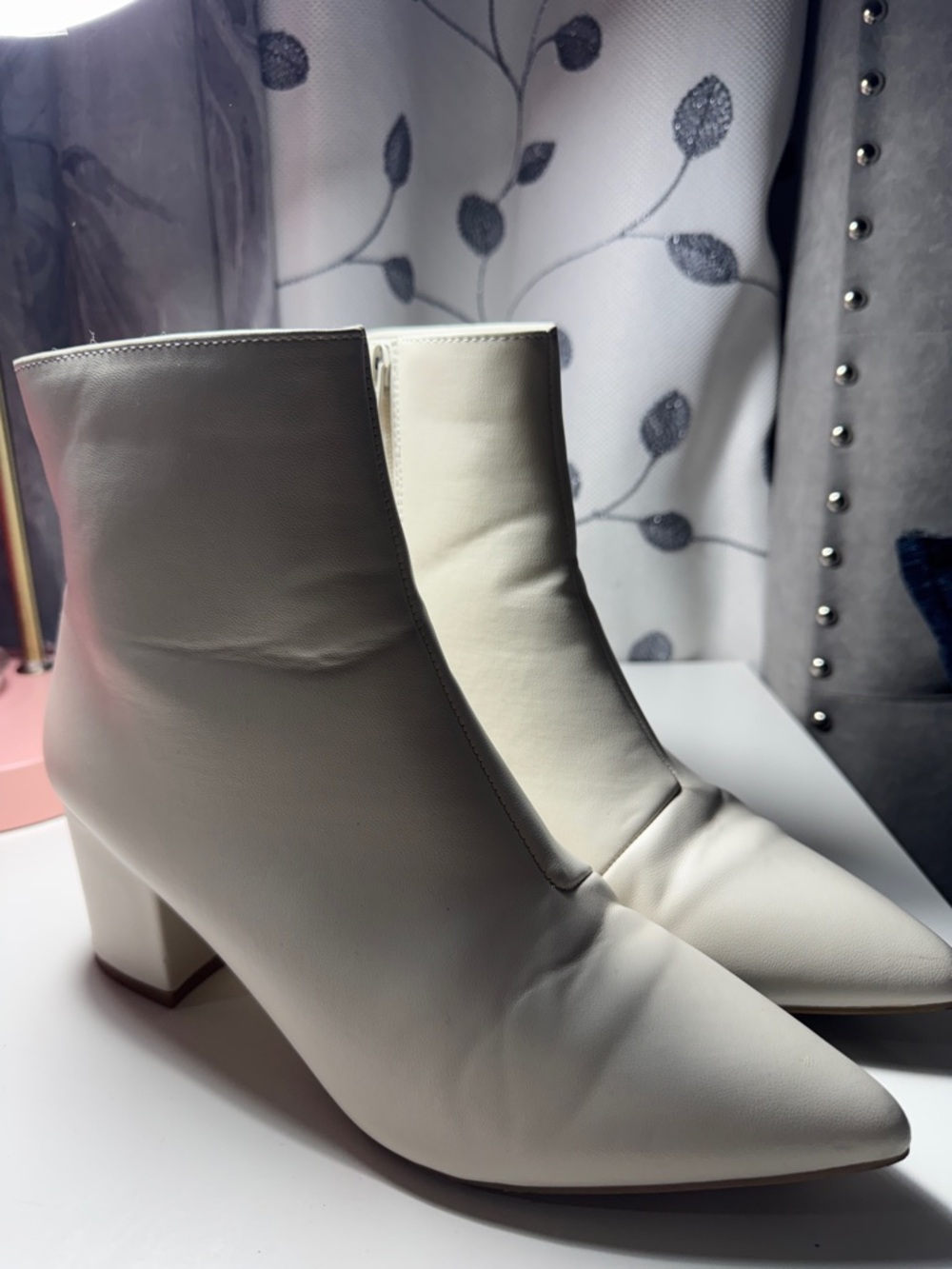Women’s Cream Pointed Toe Mid-Heel Ankle Boots